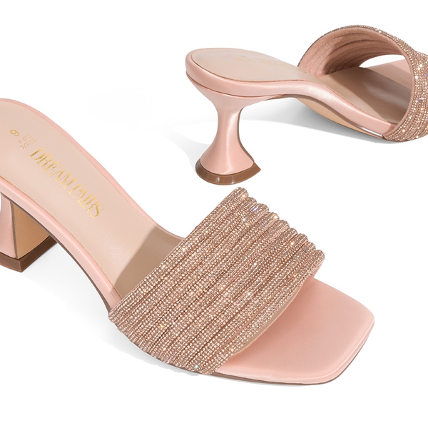 Rhinestone Flared Heel Sandals - ROSE GOLD - 3